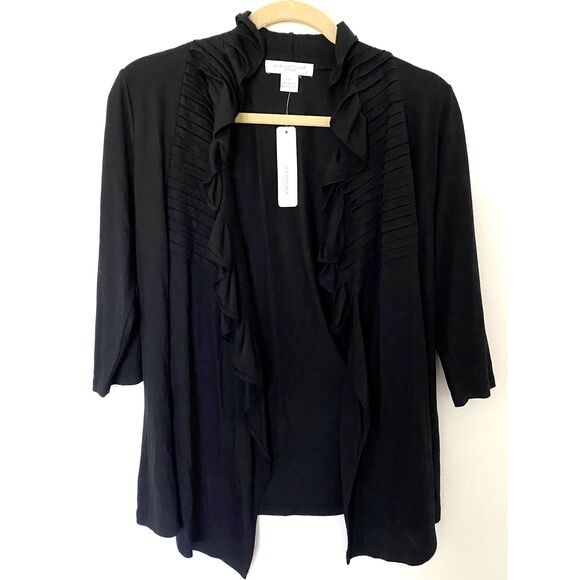 NWT August Silk Black 3/4 Sleeve Ruffle Front Open Stretchy Cardigan Sz S - Picture 1 of 5